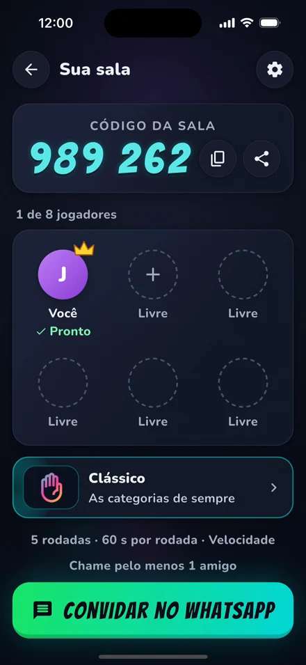 Tela da sala no app: o código 989 262, um jogador pronto, o pacote Clássico, 5 rodadas de 60 segundos e o botão Convidar no WhatsApp.