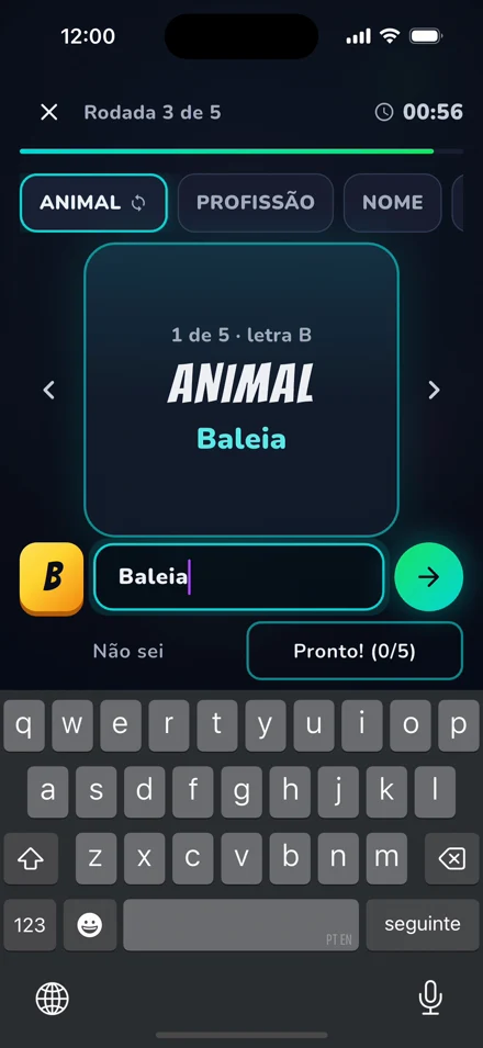 Tela da rodada no app: a categoria Animal com a letra B, a resposta Baleia digitada, o relógio em 00:56 e o botão Pronto.