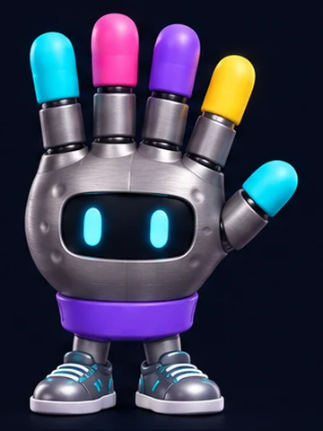 Bit, uma mão de robô cinza com cinco dedos de pontas coloridas e olhos de luz azul.